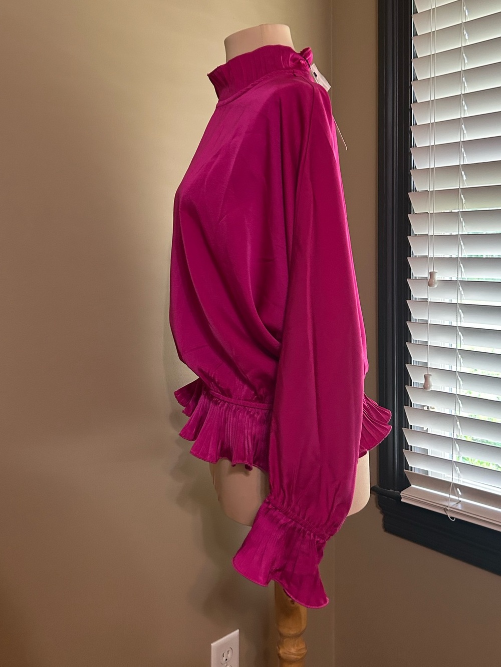 Strut and Bolt Best Behavior Ruffle Fuchsia Pleated Hem Mock Neck Blouse - Picture 3 of 6